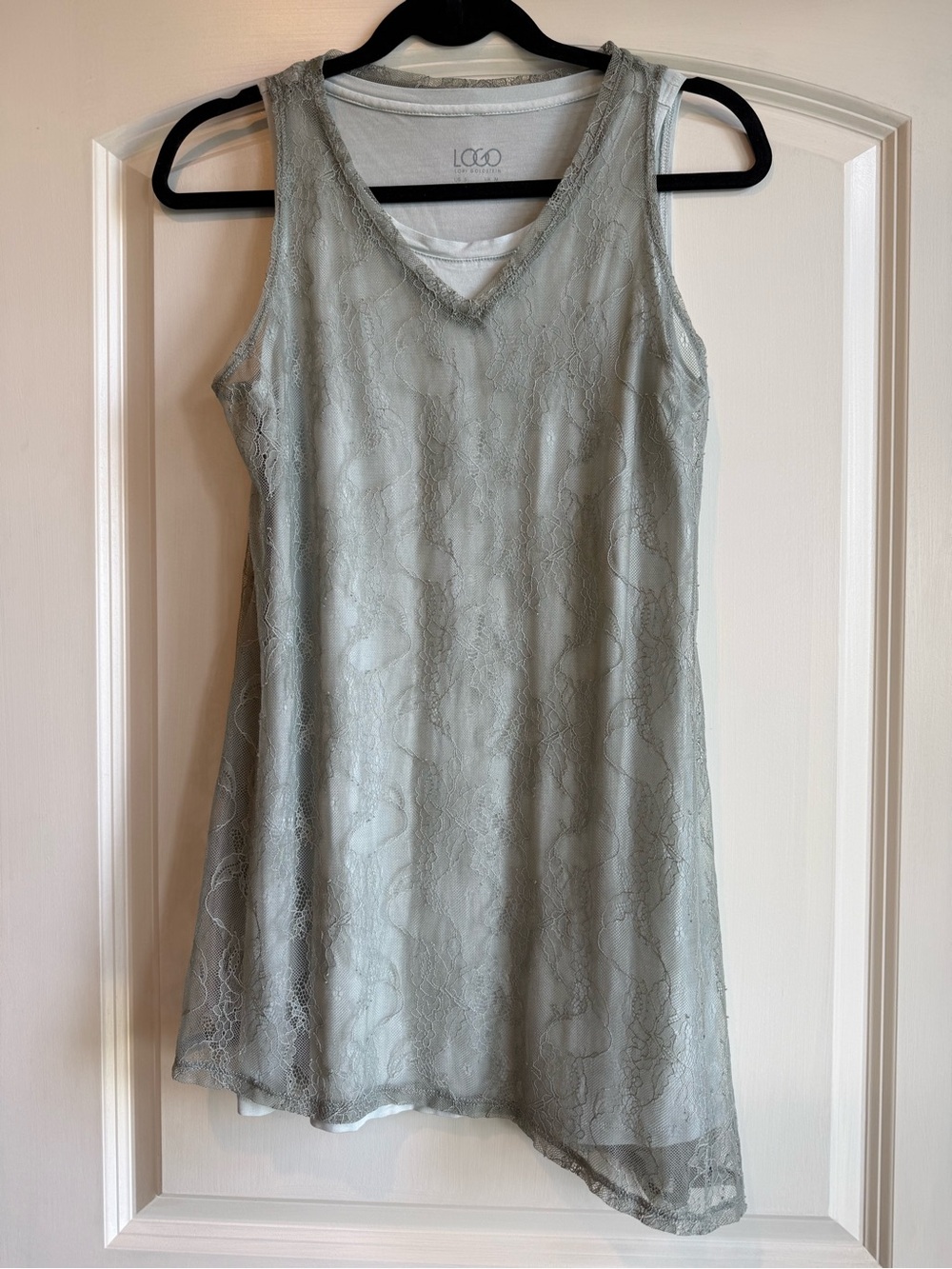 LOGO by Lori Goldstein Light Green Lace Overlay V-Neck Tank